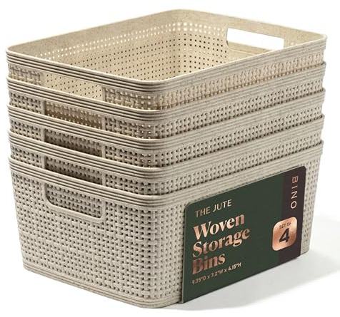 BINO | Woven Plastic Basket | Small (Natural), 5-Pack | THE JUTE COLLECTION | Home Organization, Space - Saving Storage, Stylish Design | Jute Basket | Plastic Storage Basket
