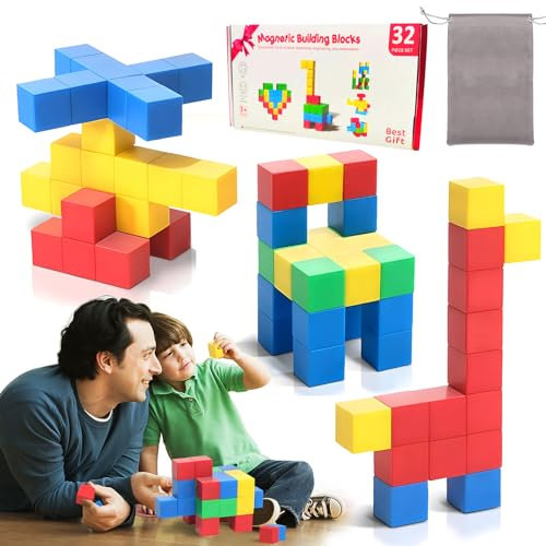 Editbar 32 Bloc de Construction Magnétique, Construction Magnétiques Enfants, Blocs de Constructions Magnétiques à Empiler, Briques Magnétiques, DIY Jeux de Construction Colorées pour Les Enfants 3+