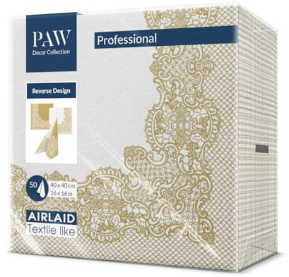 PAW - Tovaglioli di Carta Colorati - Airlaid (40 x 40 cm) I 50 Pezzi I Ideale per Matrimonio, Battesimo, Comunione, Compleanno I Tovaglioli Stoffa Colorati I Rovescio Pizzo Reale Oro-bianco