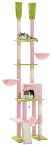 PETEPELA Large Cat Tree Floor to Ceiling Cat Tower with Large Condo Adjustable Height 216cm-285cm, 5 Tiers Cat Climbing Activity Center with Cozy Hammock, Platforms and Dangling Balls, Pink