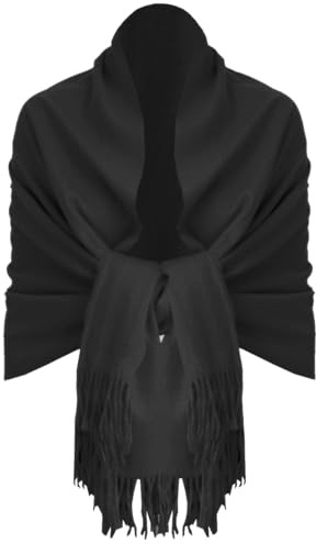 Van Der Rich ® - Elegante Bufanda Lisa de Lana con Cálidos y Suaves Flecos - Mujer (Liso Negro)