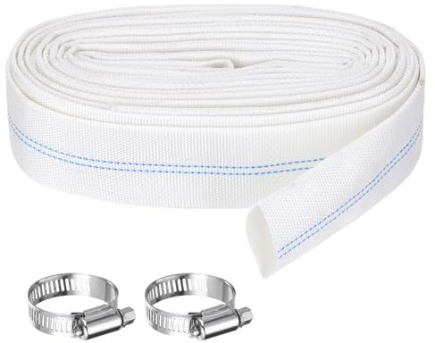 Rebower Pool Backwash Hose, 1.2 Inch x 98.4ft Reinforced Drain Hose PVC Lay Flat Water Discharge Pump Hoses for Pool Filter Swimming Pump, with 2pcs Clamps, White