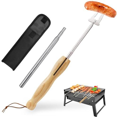 Sinirttou Grillspieße Grillgabel Spieße Ausziehbar, Grillspieße Lagerfeuer, Edelstahl Ausziehbar Holzgriff, mit Teleskop Blasrohr Grillgabel Ausziehbar 81cm, Grillbesteck Set für Camping Grill