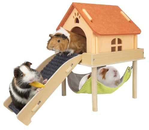 BESNEW 3 in 1 Enlarged Guinea Pig Hammock,Wooden Guinea Pig Hideout with House & Platform & Stairs Small Animal Toys for Hiding Sleeping Activities