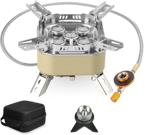 Adiwo 15800W Windproof Camping Gas Stove, Foldable Rocket Camping Stove with Carry Box, Outdoor Camping Gas Burner for Cooking, Hiking, Camping, Trekking, Picnic, Trekking, BBQ（Khaki）