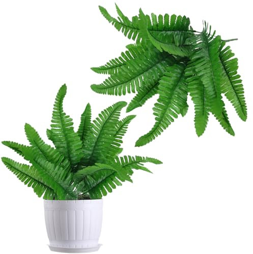 2 helechos artificiales realistas resistentes a los rayos UV, helechos de Growhabity, adornos detallados de vegetación de jardín para verano al aire libre para sala de estar, garaje, sala de estudio