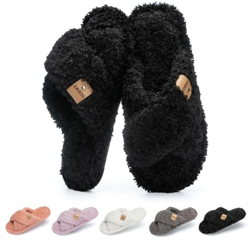 GOEWY Chaussons Femme en Peluche - Mousse à Mémoire de Forme, Pantoufles à Bride Croisée Bout Ouvert, Semelle Antidérapante - Confort & Tendance, Idée Cadeau
