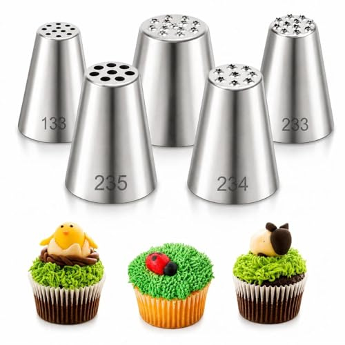 LLMSIX 5pcs Grass Piping Nozzle, Stainless Steel Grass Icing Nozzle, Cake Decorating Nozzles Piping Set for Frosting Cupcakes Decoration DIY Baking Supplies