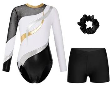 Moggemol Ensemble De Gymnastique Pour Enfants Fille Manches Longues Strass Mesh Patchwork Tenue De Gym Body Short Et Élastique À Cheveux Blanc et noir 11-12 ans