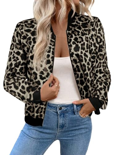GORGLITTER Veste d'automne élégante pour femme avec motif léopard - Veste bomber légère - Col de baseball - Veste de transition - Veste de loisirs, gris, S