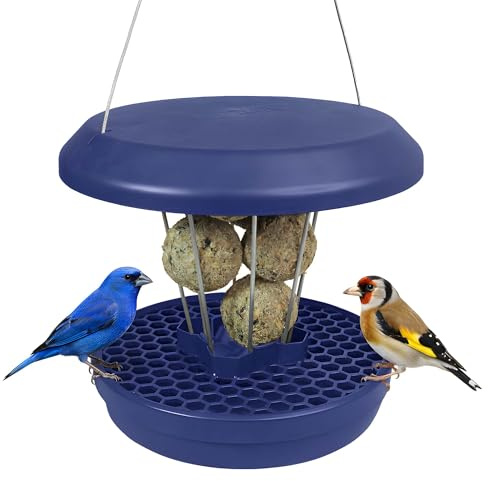 SWISSINNO Comedero para Pájaros – Lucerne Smart Birds - Soporte para Bolas de Sebo con Bandeja - Estación Alimentación Antirroedores - para 7 Bolas de Grasa - Índigo