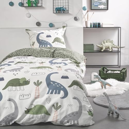 Familando Dino Bettwäsche Set 2-teilig 135x200 80x80 cm – Kinderbettwäsche Dinosaurier Triceratops Brachiosaurus Grün - 100% Baumwolle mit Wendemotiv – Atmungsaktiv & hautfreundlich - Öko-TEX