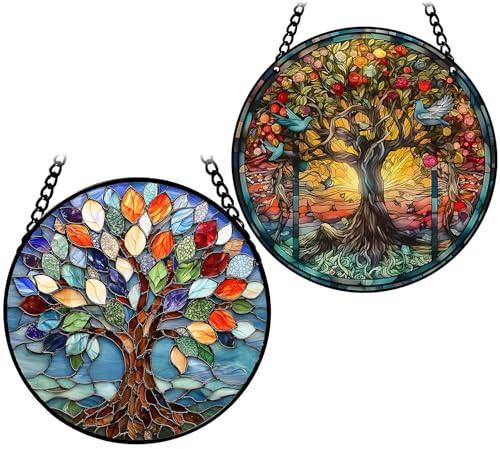 2 PCS Acchiappa Sole Acchiappasole Da Appendere Suncatcher Finestra Di Vetro Macchiata Sospesa Acchiappasole In Vetro Colorato Con Albero Della Vita Adatto Per Soggiorno Camera Da Letto Ufficio