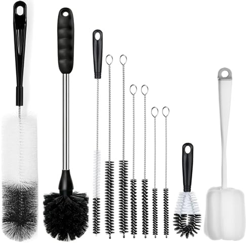 ALINK 11-Pack Bottle Cleaning Brush Set - Long Handle Bottle Cleaner for Washing Narrow Wine/Beer Bottles, Thermos, HydroFlask Tumbler, Sports Water Bottles, Kettle/Lid Brush, Straw Brush Black