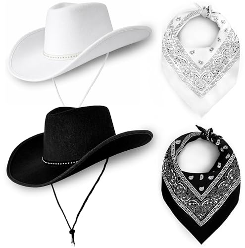 Cowboy Cowgirl Hats Pack of 2 Felt Western Unisex (1 Black and 1 White Hats and Bandanas) Texas Texan Costume Accessories for Women, Men, Adults Wild West Fancy Dress