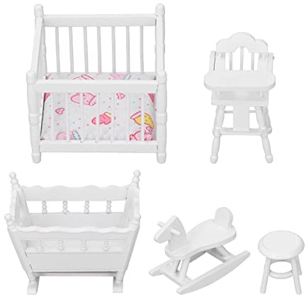 1 12 Skala Dockhus Barnkammare Möbel Set Miniatyr Spjälsäng Bassinet Barnstol Hobbyhäst Rund pall Trälegering Rum Diorama Dekoration Tillbehör