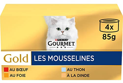 GOURMET | Gold | Chat | Les Mousselines | Aliment Complet pour Chat Adulte | Bœuf, Foie, Thon, Dinde | Boite | Lot de 24 (4 x 85 g)