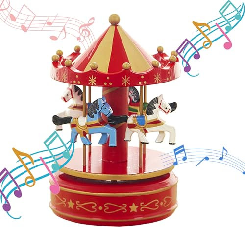 MINGZE Vintage Karussell Spieluhr, Schöne Handgemachte Holz Spieldosen Spielzeug Handwerk Geburtstag Ausgangsdekoration Weihnachtsgeburtstags Kinderkind Mädchen (Star-red)