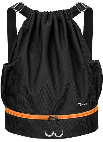 RYACO Drawstring Backpack Sports Gym Bag, Water Resistant String Sackpack Large Size with Zipper and Water Bottle Mesh Pockets for Gym Shopping Sport Yoga School Swimming Beach (Black & Orange)