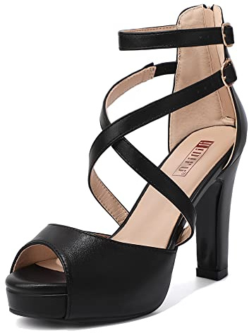 IDIFU Women's IN4 Platform Heels Strappy Chunky Heels for Women Dressy Peep Toe High Heels for Women Bridal Wedding Shoes for Bride On Evening Prom(Black Pu, 8 M US)