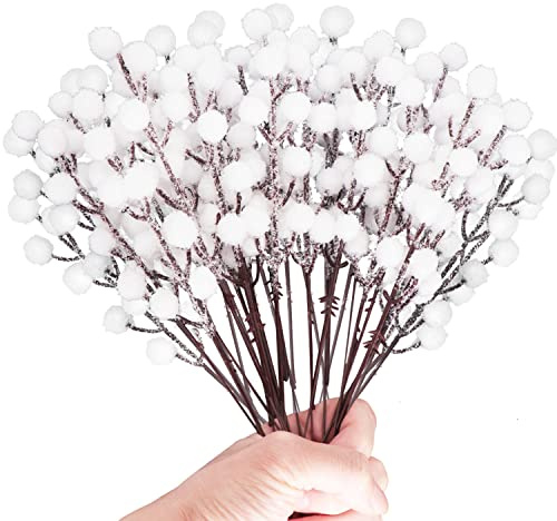 KKSTY 16 Pieces Artificial White Berry Stems 7.8 Inch Snowy Berries Picks Christmas Tree Sprays for Xmas Decorations DIY Crafts Wreath Making Supplies Winter Season Home Party Décor (White)