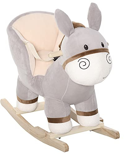 Qaba Kids Rocking Chair, Plush Ride On Rocking Horse Donkey with Sound, Wood Base Seat, Safety Belt, Baby Toddler Rocker Toy for 18-36 Months, Gray