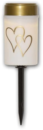 world-trading-net – uppsättning av 2 solcellsLED-gravljus Hjärta, vit/guld, höjd 12 cm, diameter 7 cm, skymningssensor, jordspett, imiterar naturlig flamma