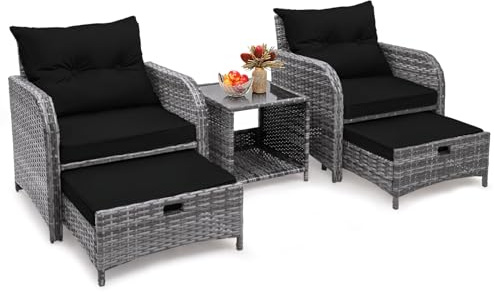 FYRICKYLINOO 5 Pieces PE Wicker Outdoor Chairs with Ottoman, 5 PCS Rattan Patio Furniture Chairs with Pull Out Ottoman & Side Table for Porch Balcony Sunroom, Black