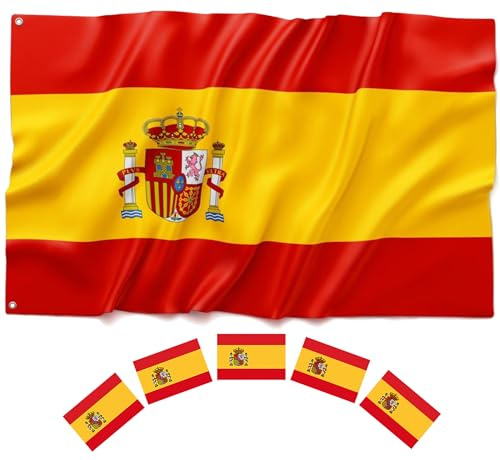 BIORYC® Bandera Exterior 150x90 cm. Bandera Poliéster Reforzado 110g/m² y 2 Ojales de Metal. Para Balcón, Jardín, Eventos Deportivos. Incluye: Pintacaras y Pegatinas. Mundial 2026 (SP_1)