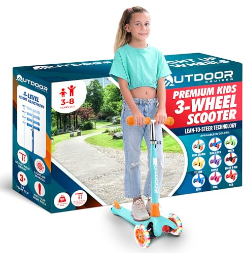 Outdoor Cruiser 3-Wheel Kids Scooter β with Lean-to-Steer Technology, Led Lighted Wheel, 4-Level Adjustable Height T-bar Handle, Support Kids Up to 150 Lbs, for Boys & Girls Ages 3-8, Aqua and Orange