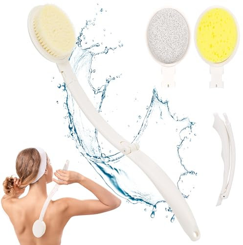 Yimomoyi Eincremehilfe für Rücken, 3-in-1 Rückenbürste, Badebürste mit Langem Stiel, Rückeneincremhilfe, Abnehmbarer Duschbürste mit 3 Austauschbare Bürstenköpfe, Rückenbürste Dusche für Senioren