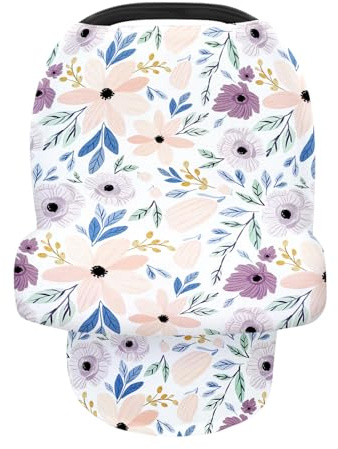 Vollmic Car Seat Cover Nursing Breastfeeding Cover for Privacy Floral Print Carseat Canopy for Girls (Purple)