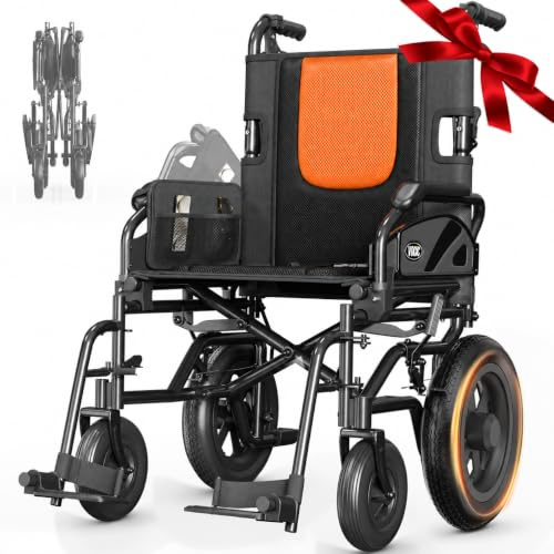VOCIC Lightweight Wheelchair for Adults, Only 13kg, 30cm All Terrain Tires | Lightweight Folding Transport Wheelchair for Seniors, Up to 136kg, 3cm Cushion, Double Brakes, Suitable Travel, Orange