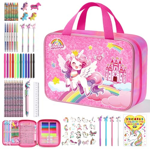JYPS Einhorn Malset für Kinder, 73 Pcs Malstifte Filzstifte Zeichenset Mädchen 4 5 6 7 8-12 Jahre, Buntstifte Set Malkoffer mit Malbuch, Glitzerstifte für Bastelset Malen Schreibwaren