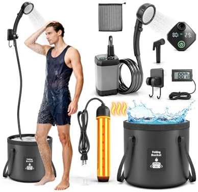 Ducha portátil con calentador de 1500 W, calentador de agua para camping con cabezal de ducha, 3 modos de pulverización, bomba de ducha recargable de 6000 mAh con pantalla LED, cubo plegable para