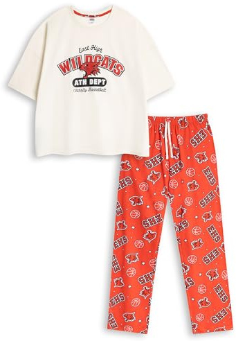 Disney Pijama Rojo de Manga Corta y Pierna Larga para Mujer de High School Musical | Estampado de Baloncesto Universitario de East High Wildcats | Ropa de Estar por casa y Pijamas | Merchandising