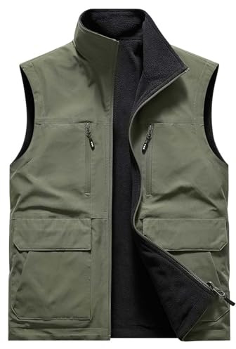 Mymyguoe Chaleco reversible de forro polar para hombre al aire libre, chaleco de pesca, chaleco funcional sin mangas, abrigo de forro polar, chaleco de invierno, chaleco de safari, chaleco de caza