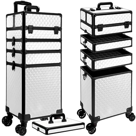 Buanson 5 in 1 Rolling Makeup Train Case on Wheels Large Cosmetic Organizer Travel Cart for Women Beauty Salon Barber Hairstylist White