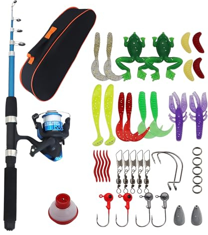 Set di canne da pesca per bambini, 1,5 m, set per bambini con mulinello, set di esche e borsa per il trasporto, canna da pesca, set completo per 3-10 anni