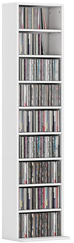 HOMCOM Mobile Porta CD con 6 Ripiani Regolabili, Scaffale Porta 260CD/120DVD Salvaspazio in Legno, Mobile Portacd con 9 Scomparti, per Soggiorno, Camera da Letto, Ufficio, 33x24x140 cm, Bianco