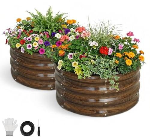 SnugNiture 2Pcs 2x2x1FT (60x60x30cm) Round Metal Raised Garden Bed | Metal Planter Box ；for Vegetables, Flowers & Herbs, Brown