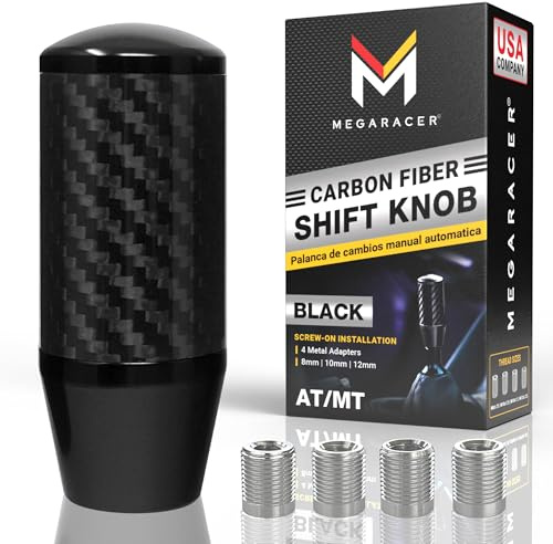Premium Black Carbon Fiber Shift Knob - 4 Metal Threaded Adapters, 4 5 6 Speed Manual & Buttonless Automatic Transmission Car, Weighted Gear Stick Shifter Knobs (M8, M10x1.25/1.5, M12x1.25), JDM Style