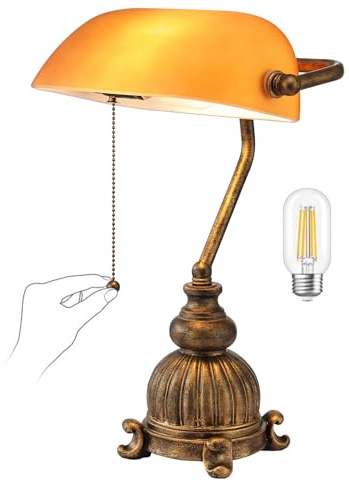 Newrays Lámpara de escritorio retro de cristal ámbar para oficina en casa o biblioteca, con interruptor de cadena y enchufe, bombilla LED incluida