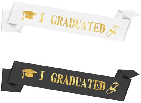 2 Écharpes de Remise de Diplôme Noires et Blanches,Écharpe De Graduation Satinée,Graduationécharpe En Satin Avec Inscription « I Graduated» Letters,Pour Remise Des Diplômes,Célébrations Et Photos