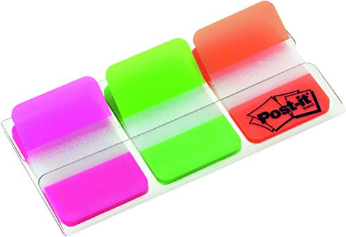 Post-it Index Strong Filing Tabs, Medium, Assorted Colours, Pack of 1 Dispenser, 66 Tabs, 25.4 mm x 38.1 mm, Pink Green, Orange - Extra Strong Sticky Flags for Documents and Information