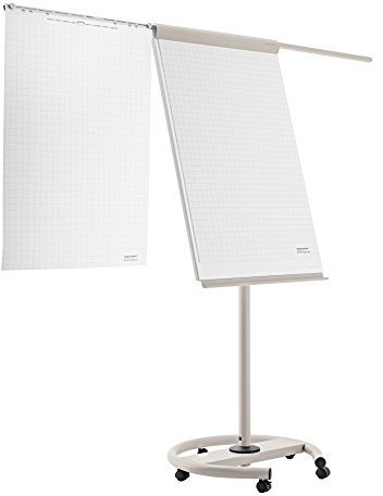magnetoplan Flipchart De Luxe, mobil | Höhenverstellbar bis 2,0 m | 2 Seitenarme für 3-fache Präsentationsfläche | Mobil mit Rollen | Vollstahlkonstruktion Weiß/Lichtgrau | Schreibfläche 680x1043mm