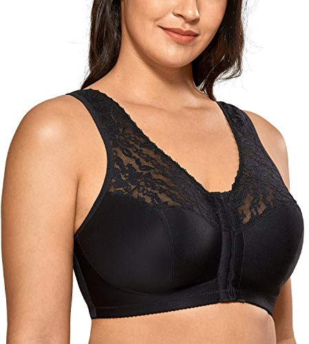 DELIMIRA Damen BH mit Vorderverschluss ohne Bügel Große Größen Spitzen BH Schwarz 95F