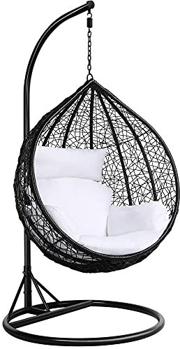 Yaheetech Garden Egg Swing Chair, Patio Swing Chair Outdoor Hanging Hammock with Stand Indoor Rattan Chair with Cushion and Cover, Black