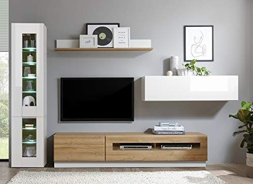 Wohnkombination Roana weiß/Grandson Oak hell Dekor 340(320) x200x38-48cm Wohnzimmermöbel Wohnzimmerschrank Wohnzimmerschrank Stauraumelement modern Größe mit Beleuchtung