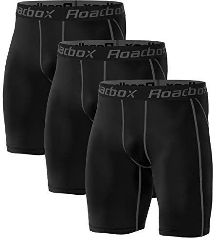 Roadbox Compression Shorts Mens 3 Pack with Pockets, Sports Underwear Quick-Dry Base Layer Shorts, for Running, Gym, Cycling, Rugby Black